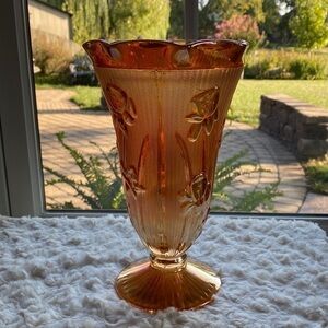 GORGEOUS~’JEANETTE MARIGOLD’ ~CARNIVAL GLASS VASE~ART DECO RIBBING~1930’s~G21**